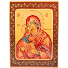 Рукописная икона «Богоматерь Донская» в художественном стиле народных промыслов хохломской росписи