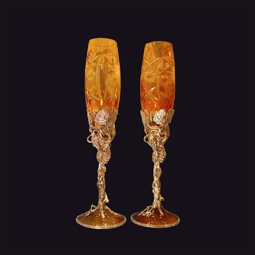 Серебряные фужеры для вина «Виноградная лоза» с янтарным хрусталём