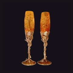 Серебряные фужеры для вина «Виноградная лоза» с янтарным хрусталём