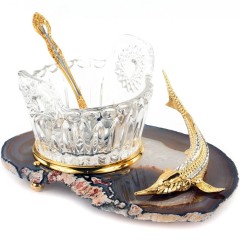Хрустальная икорница с ложкой «Осётр» на агате — праздничная посуда для сервировки