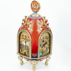 Резное пасхальное яйцо «Русь» из дерева (красное)