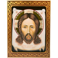 Большая православная икона «Спас Нерукотворный» в художественном стиле хохломской росписи