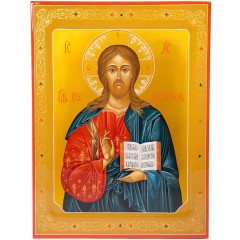 Большая православная икона «Господа Вседержителя» в художественном стиле хохломской росписи