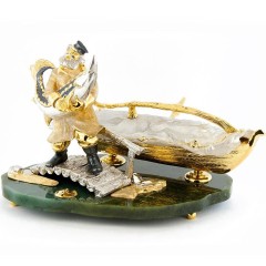 Златоустовская икорница «Русская сказка» на подставке из натурального камня нефрит