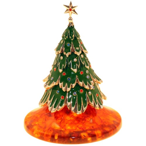 Янтарная фигурка «Новогодняя Ёлка» с покрытием горячей эмалью и кристаллами Swarovski