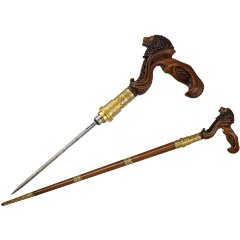 Красивая резная трость «Лев» с дамасским клинком