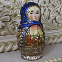 Синяя деревянная «Матрёшка» с художественной росписью