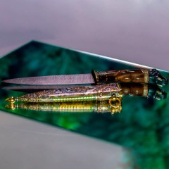 Коллекционный нож «Слон» украшенный в стиле мастеров Златоуста с головой животного на рукоятке