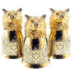 Позолоченные стопки перевёртыши «Волк» (3 шт) в подарочном футляре