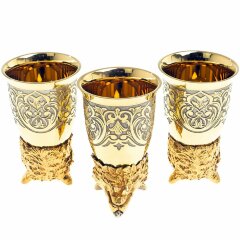 Позолоченные стопки перевёртыши «Волк» (3 шт) в подарочном футляре