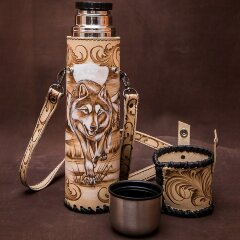 Походный термос «Волк» обтянутый натуральной кожей