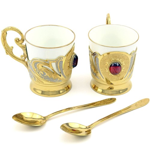 Кофейный набор «Рубин» — керамическая кружка с позолоченным подносом к праздничному столу