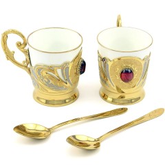 Кофейный набор «Рубин» — керамическая кружка с позолоченным подносом к праздничному столу