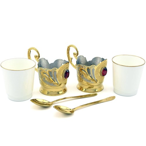 Кофейный набор «Рубин» — керамическая кружка с позолоченным подносом к праздничному столу