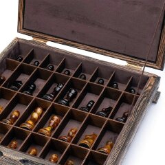 Деревянный шахматный ларец «Восточные» из янтаря с фигурами