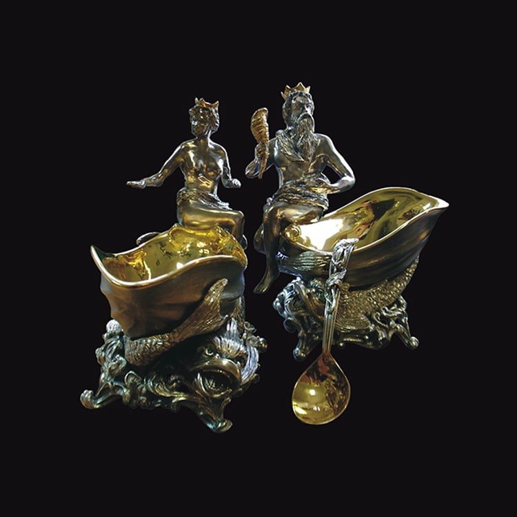 Серебряная икорница «Посейдон и Амфитрита» с позолоченной ложечкой