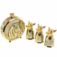 Металлическая фляжка «Кабан» с тремя стопками перевертышами