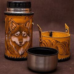 Походный термос суповой «Волк» обтянутый натуральной кожей