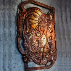 Интерьерное резное панно «Мироздание» из ценных пород древесины и янтаря