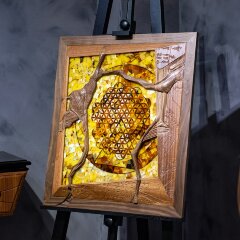 Интерьерное резное панно «Цветок жизни» из корня ореха и янтаря