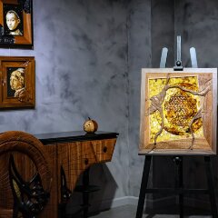 Интерьерное резное панно «Цветок жизни» из корня ореха и янтаря