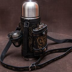 Походный термос «Тигр» обтянутый кожей с фляжкой и стопками