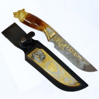 Подарочный нож «Волк» с позолоченным клинком из дамасской стали