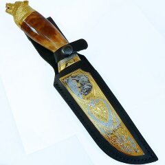 Подарочный нож «Волк» с позолоченным клинком из дамасской стали