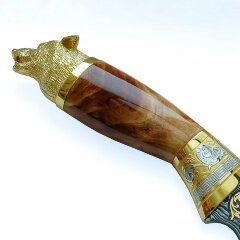 Подарочный нож «Волк» с позолоченным клинком из дамасской стали