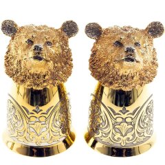 Позолоченные стопки перевёртыши «Медведь» (2 шт) в подарочном футляре