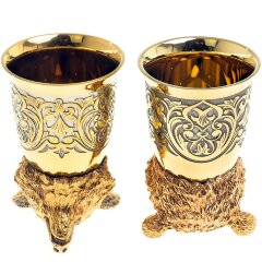 Позолоченные стопки перевёртыши «Медведь» (2 шт) в подарочном футляре