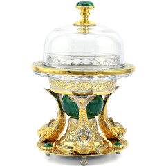 Позолоченная икорница со стеклянной крышкой «Три Кита» на малахите