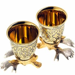 Позолоченные стопки перевёртыши «Лось» (2 шт) в подарочном футляре