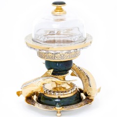 Златоустовская икорница со стеклянной чашей и крышкой «Два осетра» на нефрите