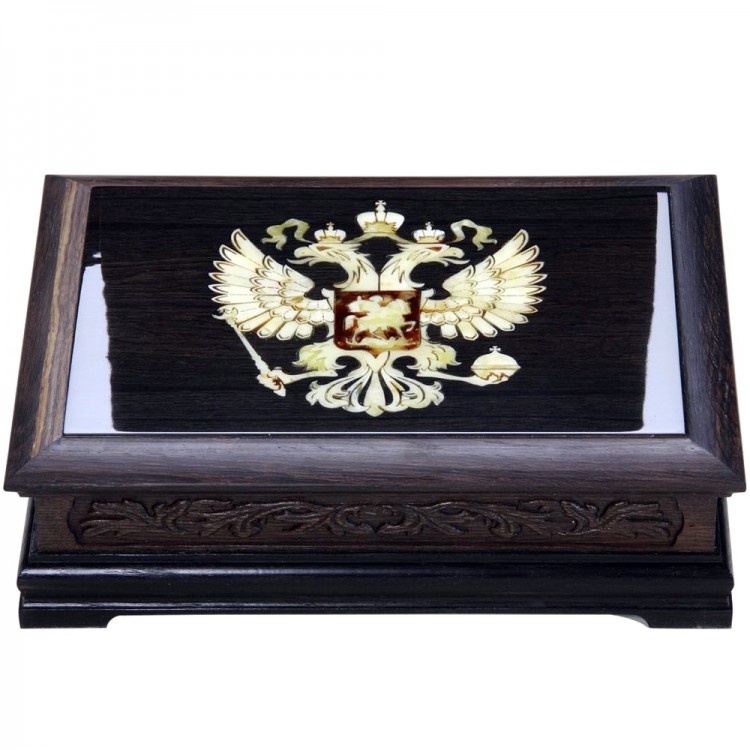 Подарочная шкатулка «Герб России» из морёного дуба и янтаря