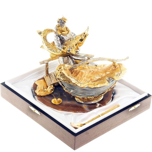 Златоустовская икорница «Рыбак с осетром» на подставке из натурального агата