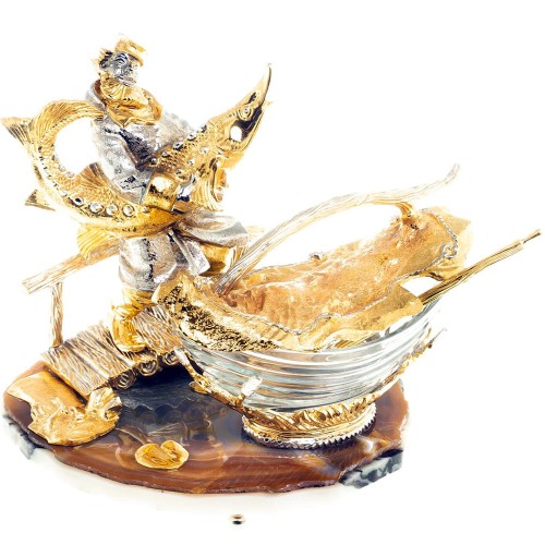 Златоустовская икорница «Рыбак с осетром» на подставке из натурального агата