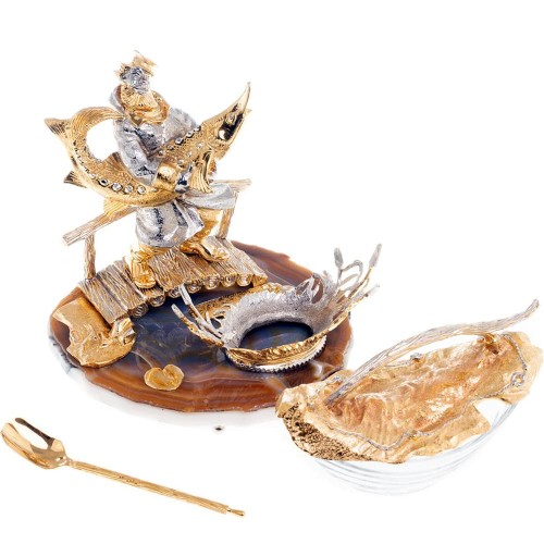 Златоустовская икорница «Рыбак с осетром» на подставке из натурального агата