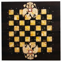 Подарочные шахматы «Герб России» из морёного дуба и янтаря