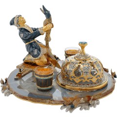 Златоустовская икорница на агате «Емеля» в наборе с двумя стопками к праздничному столу