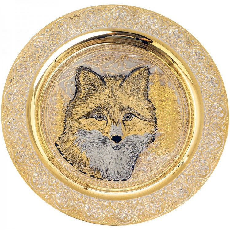 Декоративная тарелка «Лиса» с позолотой в деревянном футляре